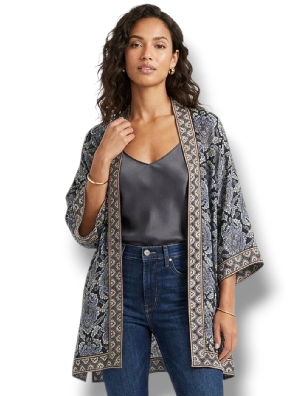 Max Studio Women’s Black Paisley Open Front Cardigan Kimono – Size M